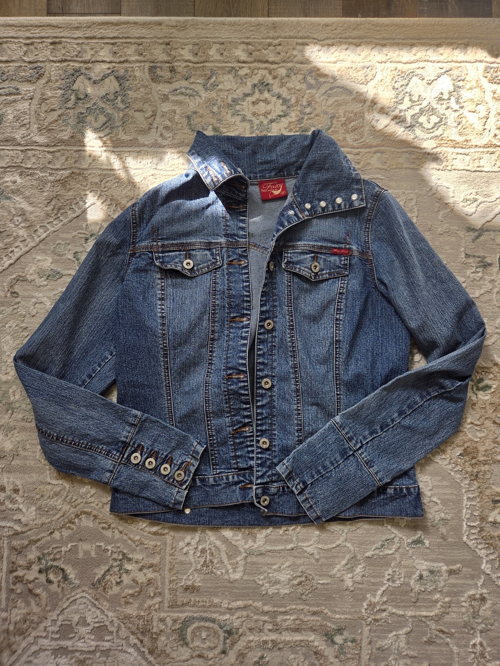Fox Blue Denim Jacket with Pearl-Trim Collar